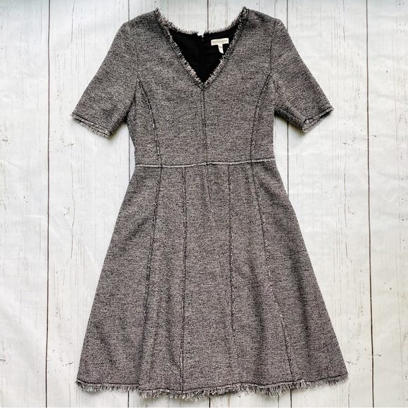 Rebecca Taylor Dresses & Skirts - Rebecca Taylor Tweed 1/4 Sleeve Vneck Fringe Hem Pleated Fit & Flare Aline Dress